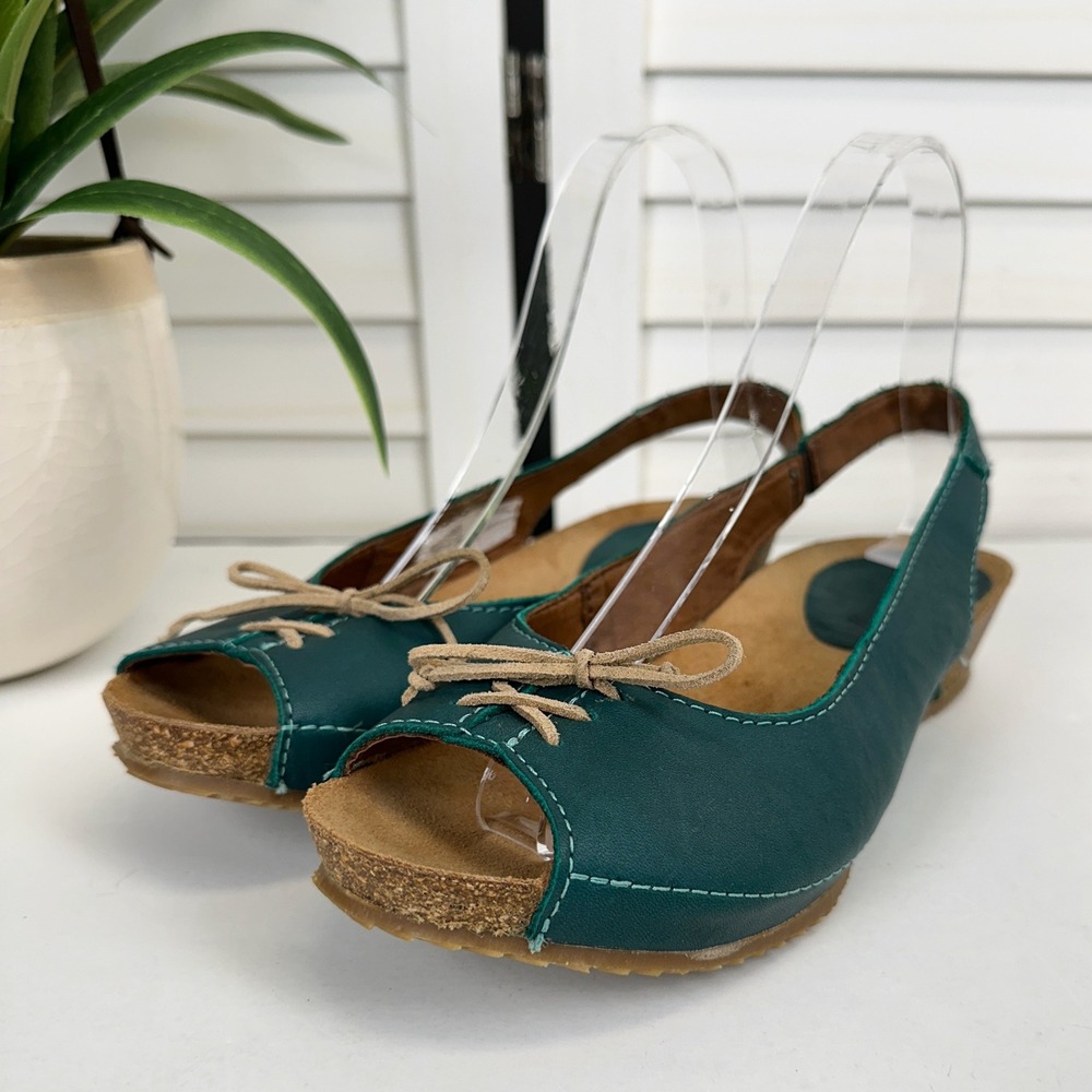 Sergio Tomani Green Leather Slingback Peep Toe Cork Wedge Sandals EU 38 US 7.5‎